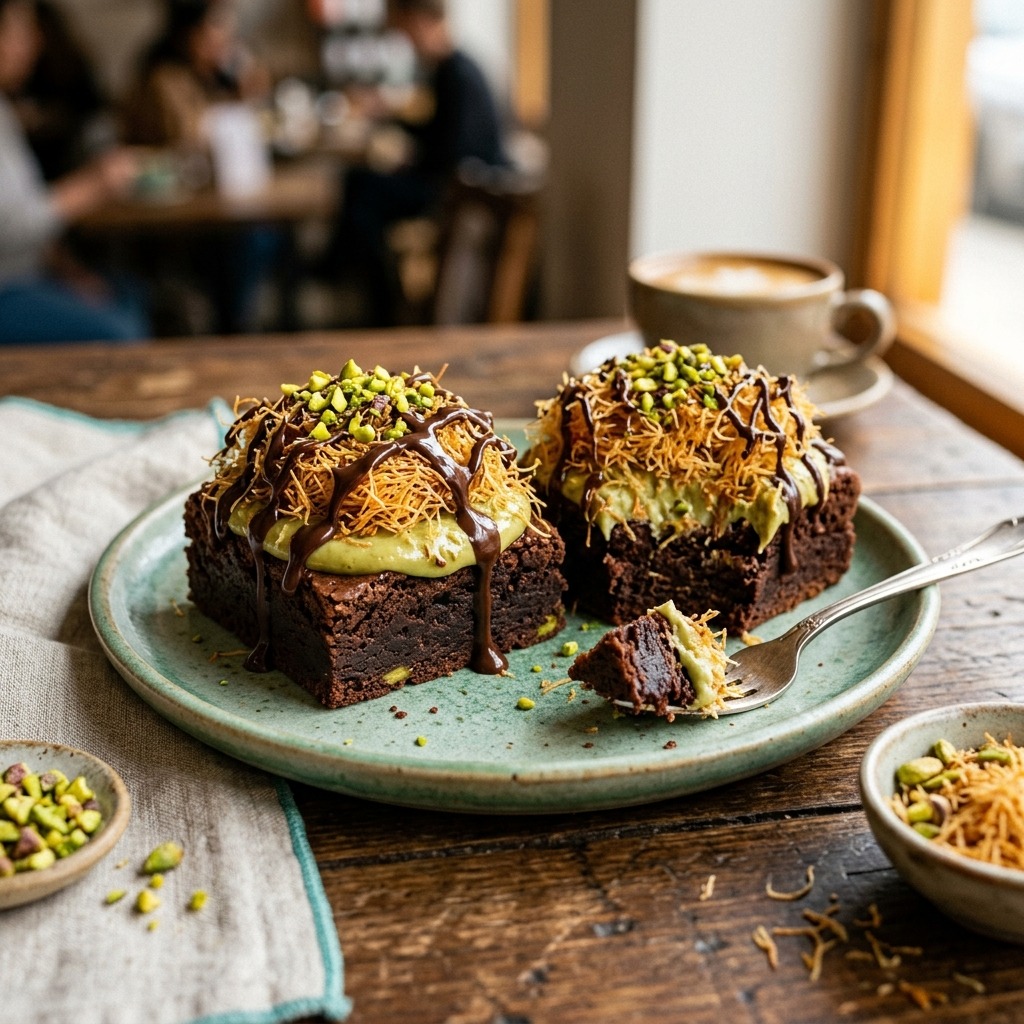 Dubai chocolate brownies with fudgy base, pistachio kataifi layer, and glossy chocolate ganache