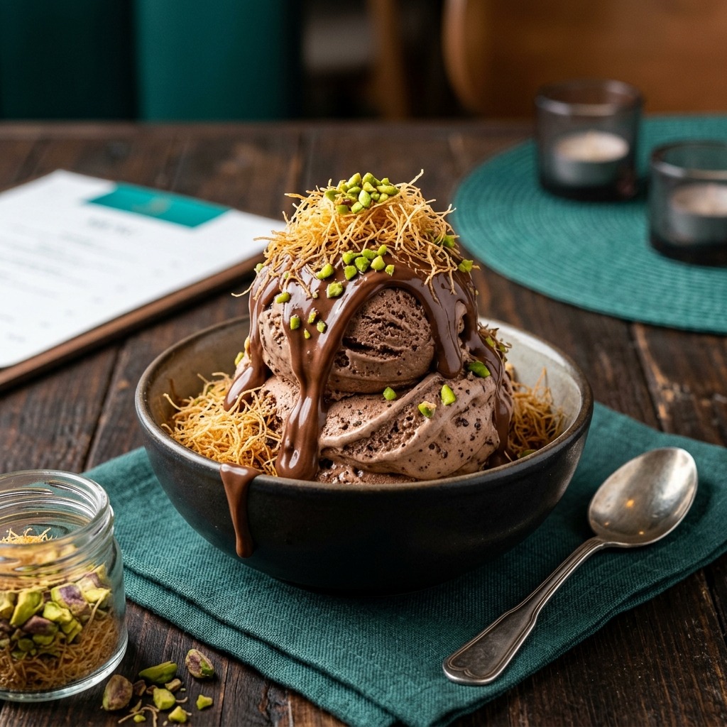 Dubai chocolate ice cream scoops with pistachio kataifi swirl in a serving bowl