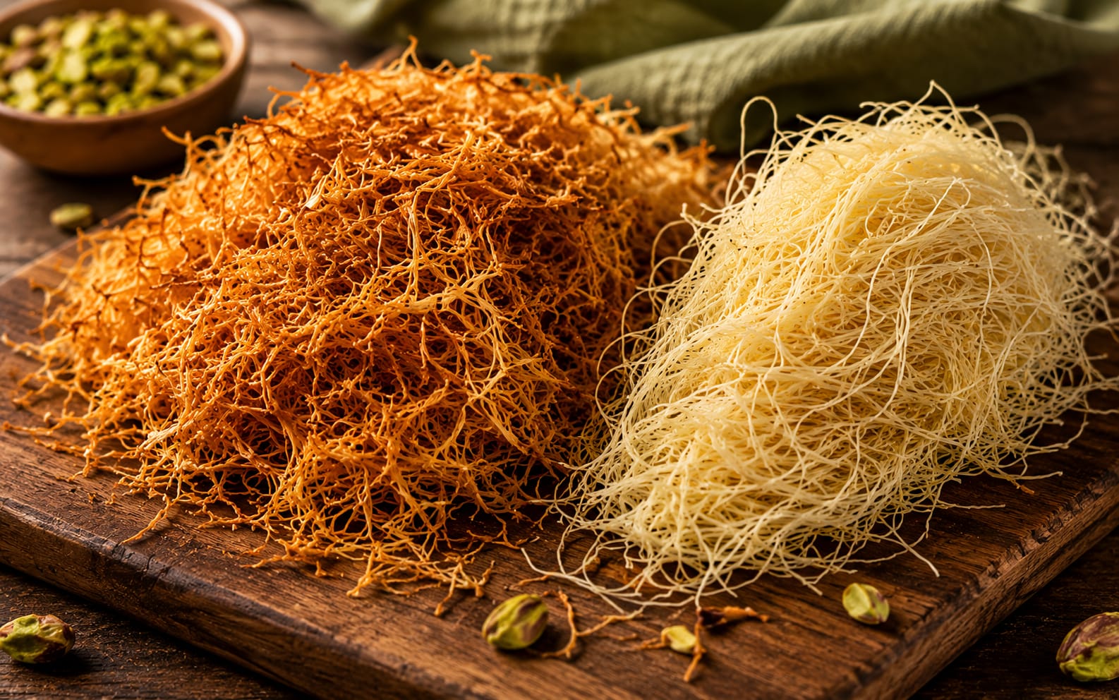 Golden-brown, toasted strands of kataifi pastry