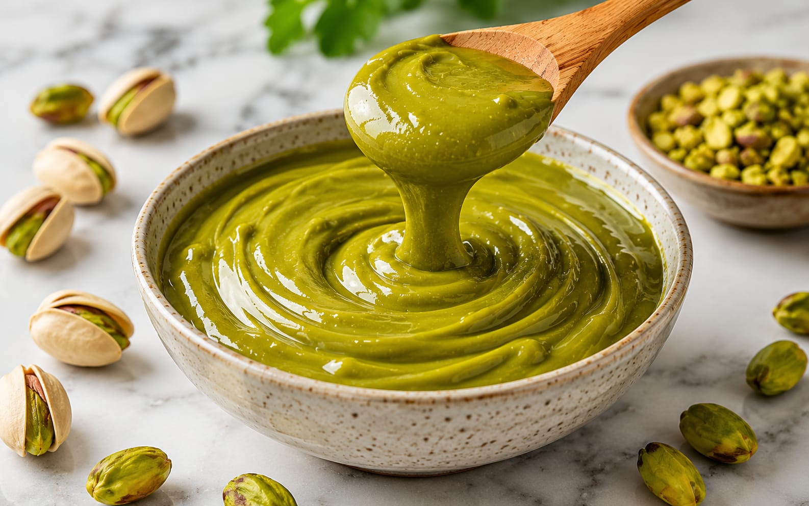 Vibrant green pistachio cream swirling in a bowl