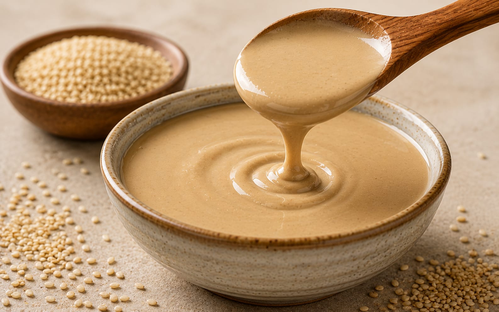 Creamy tahini dripping from a spoon