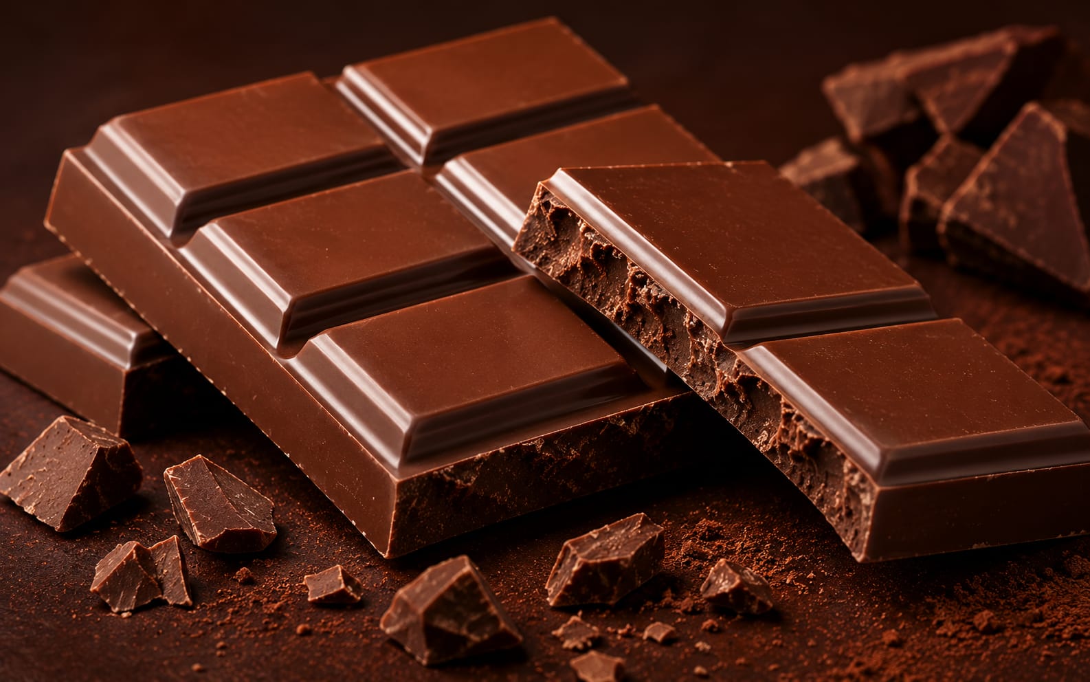 Glossy, tempered chocolate bar shell broken open