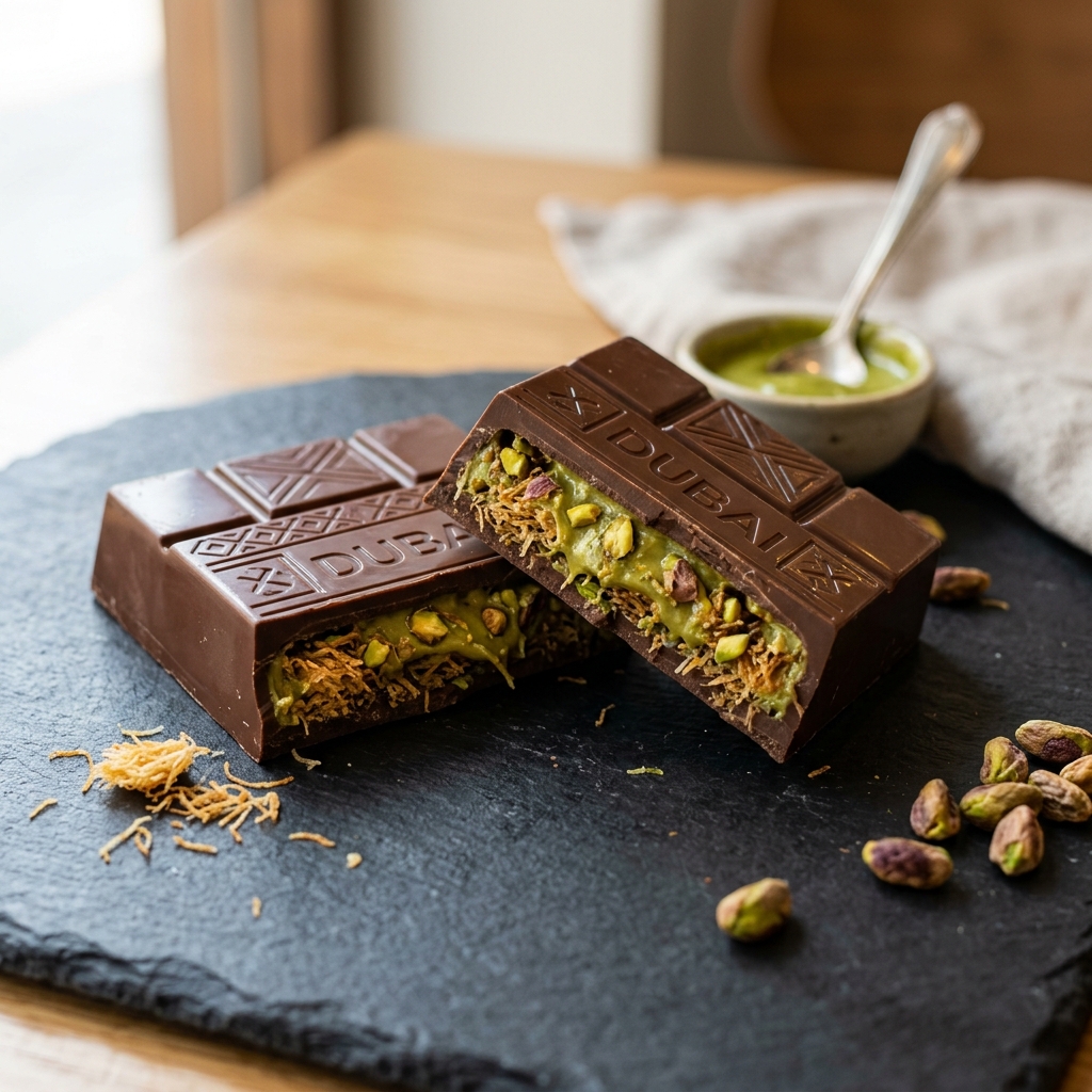 Two pieces of homemade Dubai chocolate bar broken open showing pistachio kataifi filling on a slate plate