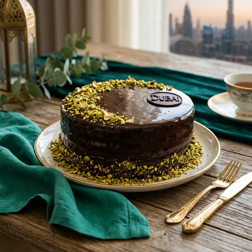 Dubai chocolate cake with moist chocolate layers, pistachio kataifi filling, and glossy chocolate ganache topped with crushed pistachios