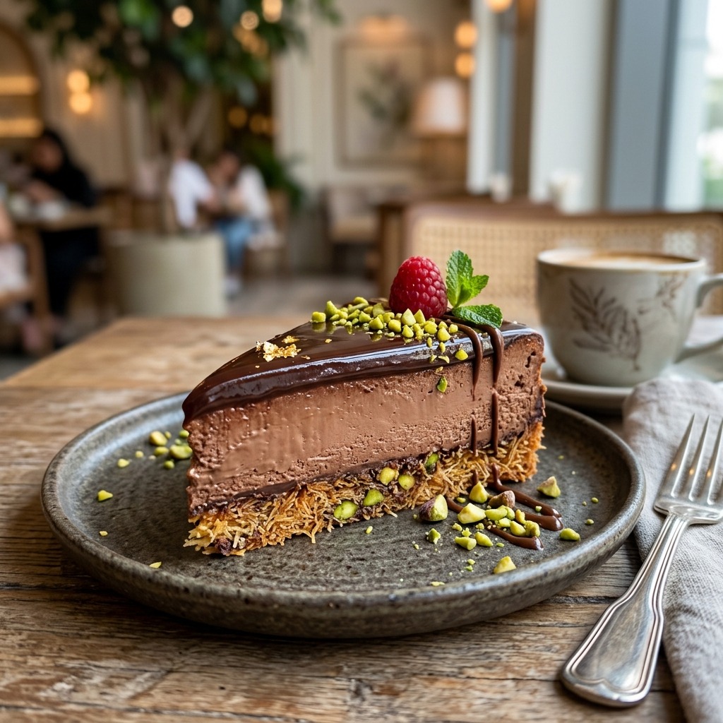 Dubai chocolate cheesecake with chocolate cookie crust, pistachio kataifi layer, creamy pistachio filling, and chocolate ganache topping