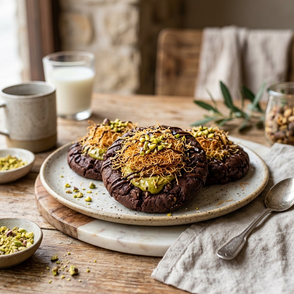 Dubai chocolate cookies stuffed with pistachio cream and toasted kataifi, drizzled with melted chocolate and crushed pistachios
