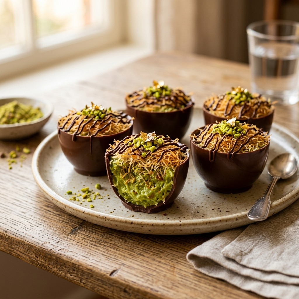 Dubai chocolate cups with vivid green pistachio kataifi filling and glossy chocolate shell
