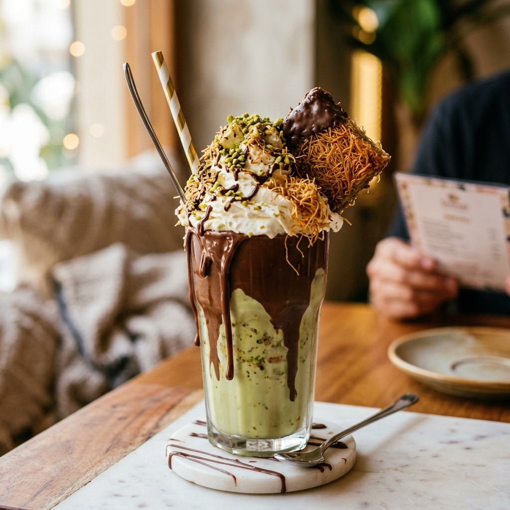 Dubai chocolate milkshake in a chocolate-lined glass topped with toasted kataifi and crushed pistachios